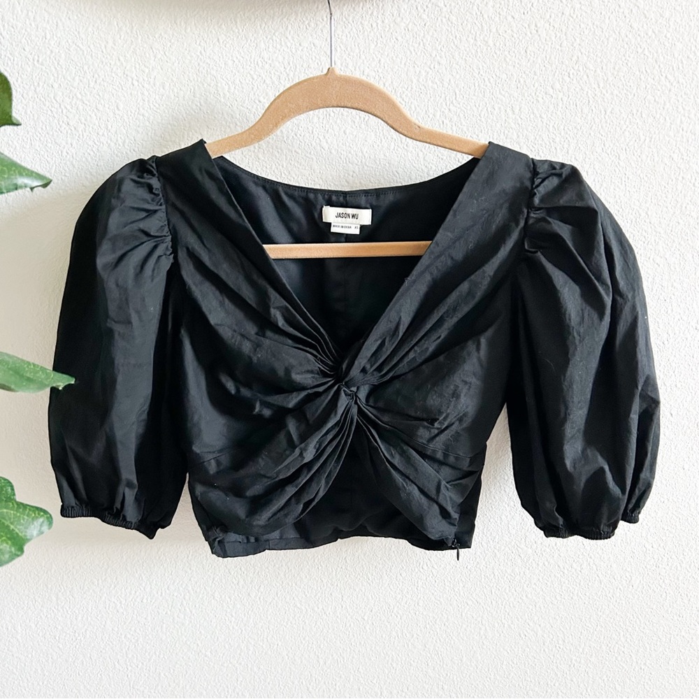 Jason Wu twist front crop blouse puff sleeve black